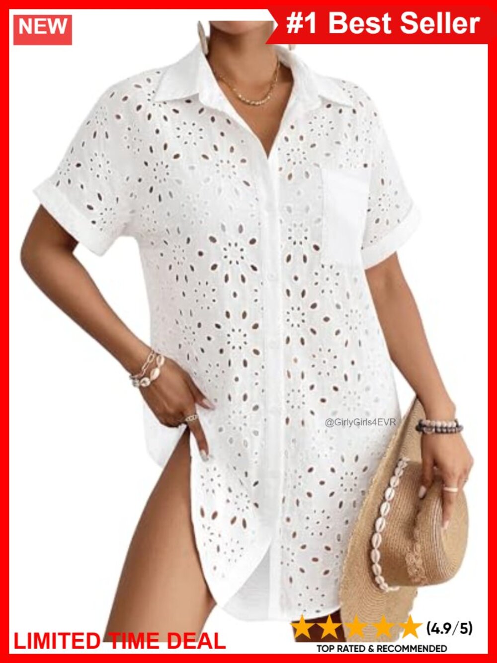 Eyelet Button Down Beach Swimsuit Coverup Shirt Dress Cotton Blend